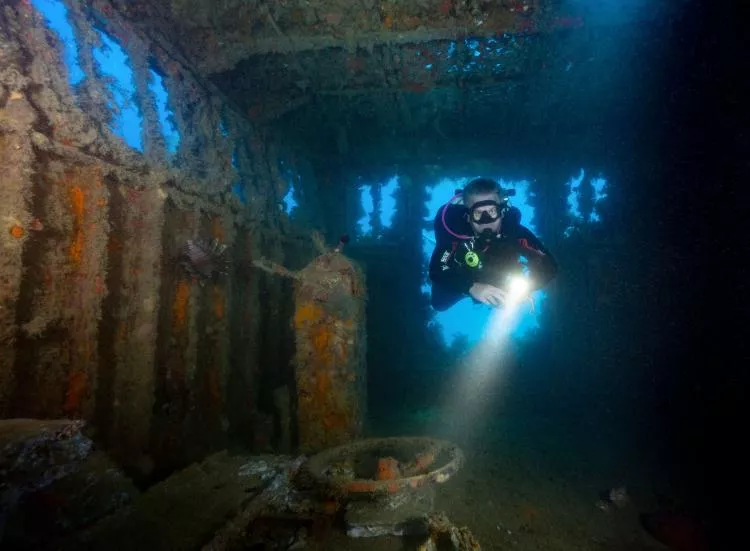 Diver in Constantis wreck, Cyprus